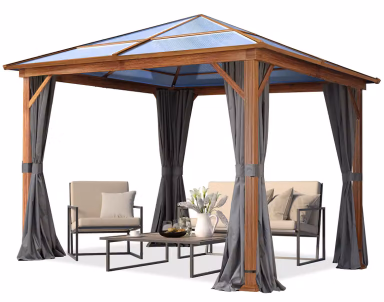TOOLPORT Gazebo da giardino 3x3 m look quercia, tetto ca. 8mm policarbonato, 4 teli laterali color grigio