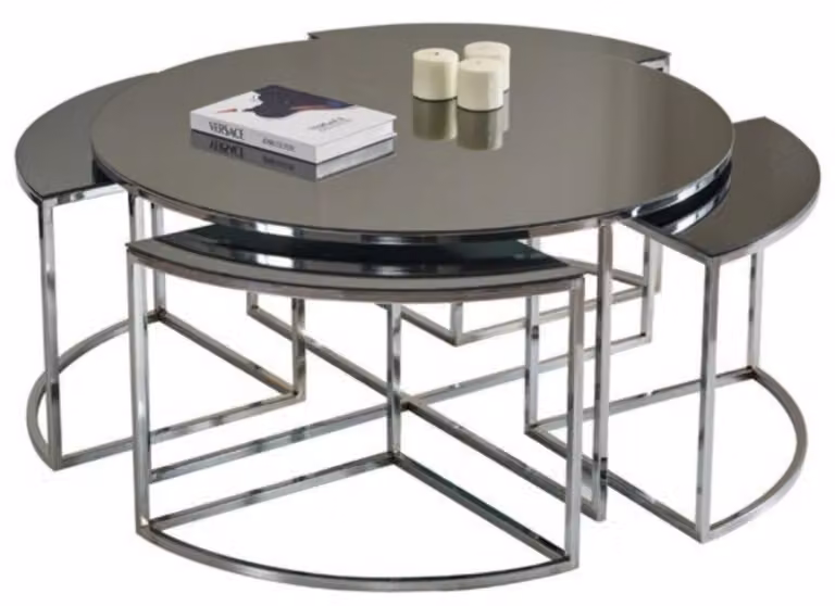 Tavolino da salotto in metallo, design elegante, nuovo, lusso, comfort, colore argento