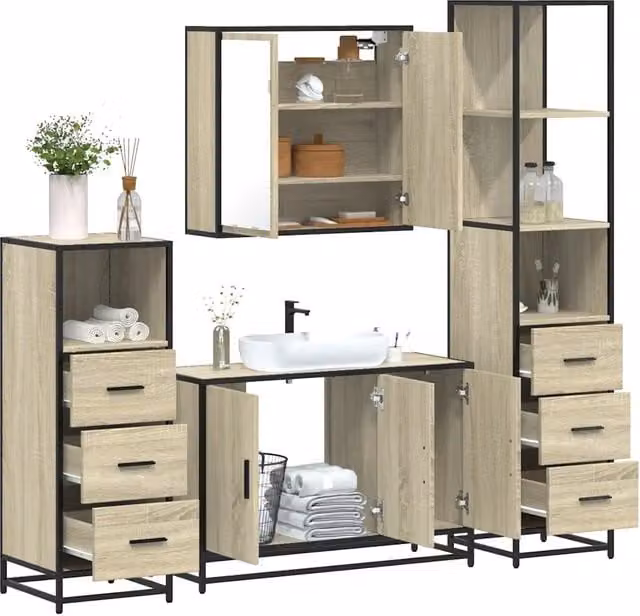 Set di mobili da bagno industrial vidaXL in legno e metallo marrone composto da armadietto con specchio, mobile lavabo, mobile laterale e colonna alta