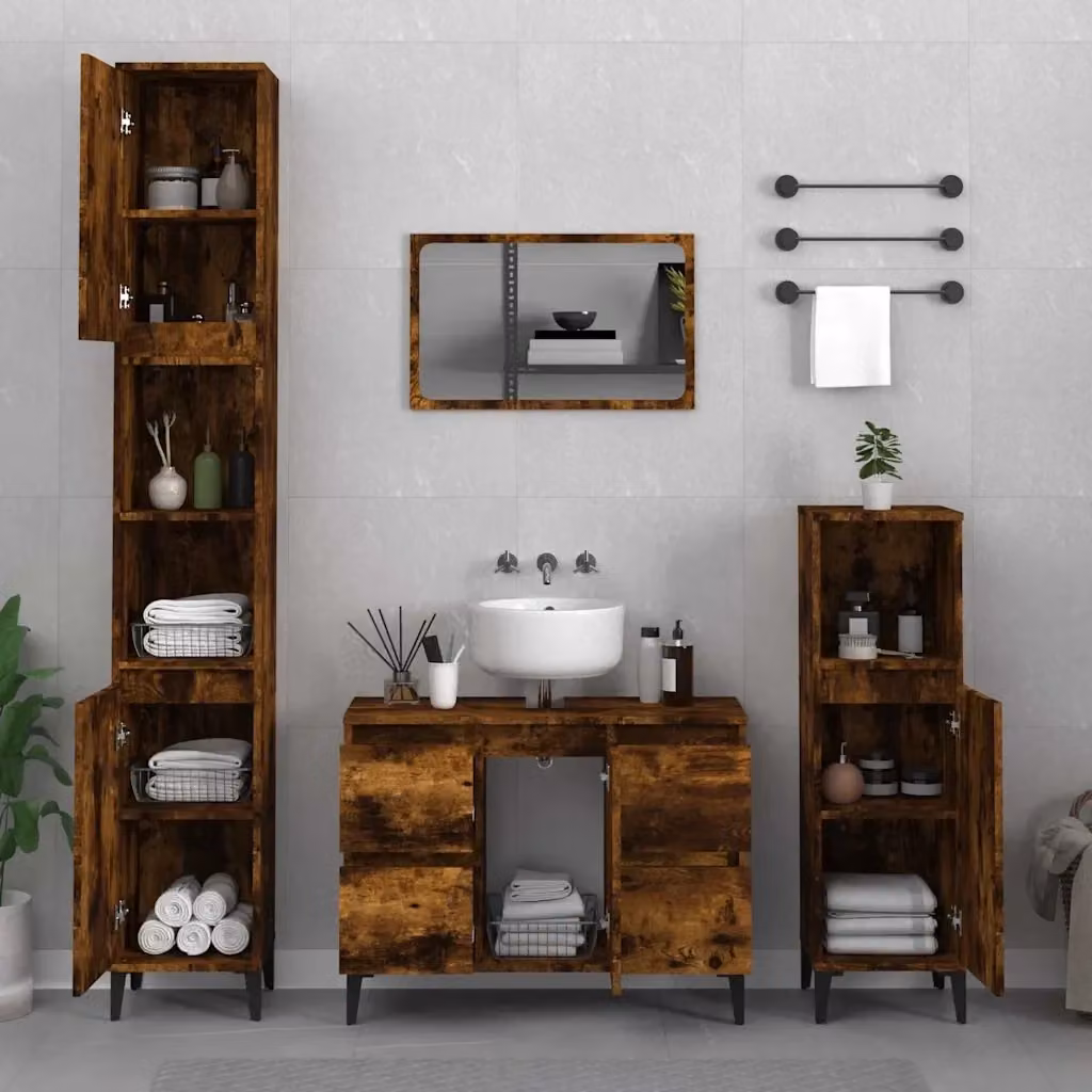 Set Mobili da Bagno Moderno in Legno di Rovere Marrone con Mobile Vanity e Colonna, L/P/H: 80 x 60 x 33 cm – 2