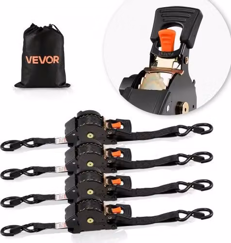 Set di 4 Cinghie di Fissaggio VEVOR con Doppio Gancio a S in Acciaio, Colore Nero, Larghezza: 25,4 mm, Lunghezza: 4,9 m