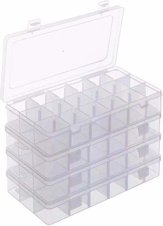 Contenitori trasparenti Unyqoos® per piccoli oggetti, set da 4 – 18 scomparti regolabili, coperchio a ribalta, realizzati in plastica di alta qualità, dimensioni 24,5 x 11,5 x 4,2 cm, ideali per gioielli e viti