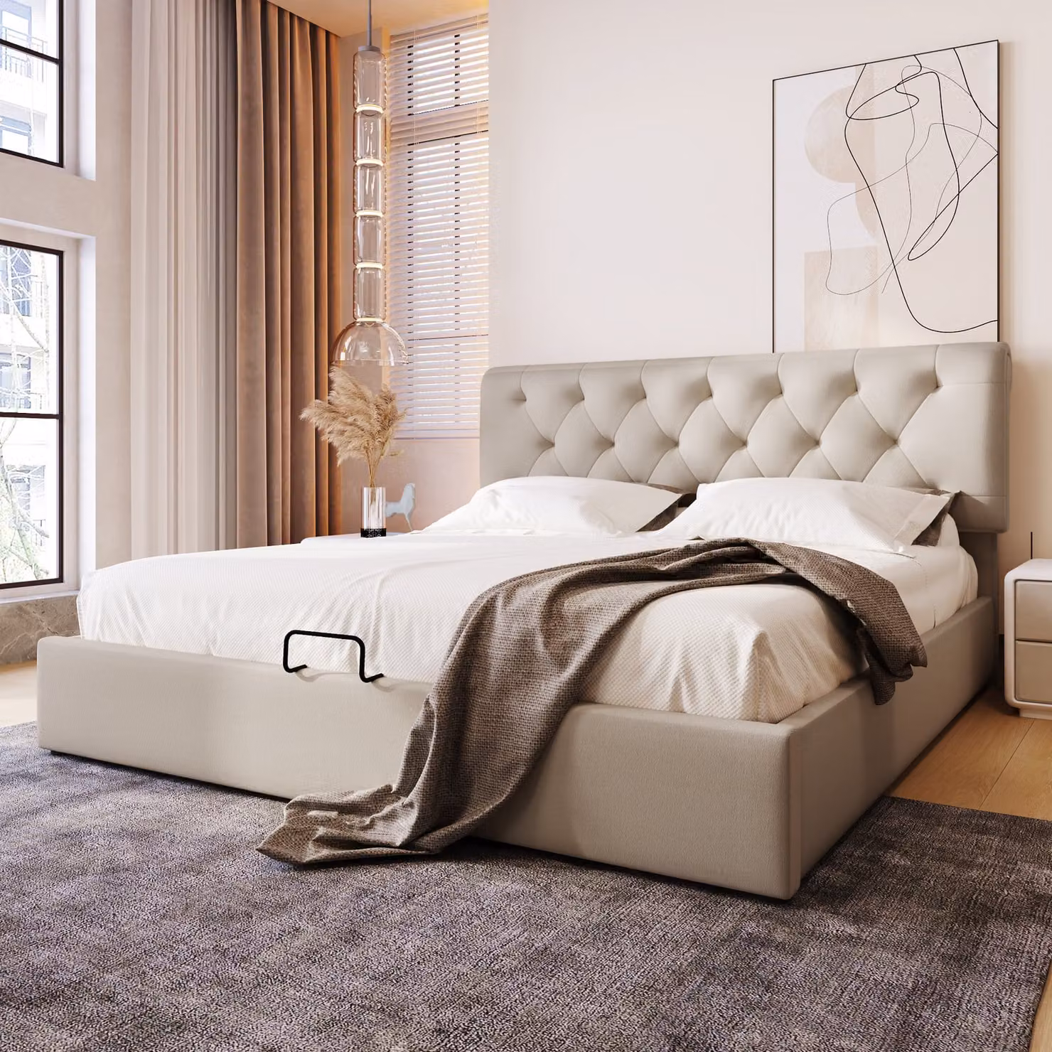 Letto boxspring MODFU idraulico 160x200 cm con rivestimento imbottito, contenitore, rete a doghe e vano portaoggetti, struttura in metallo e testiera regolabile, letto matrimoniale in lino, colore naturale (senza materasso)