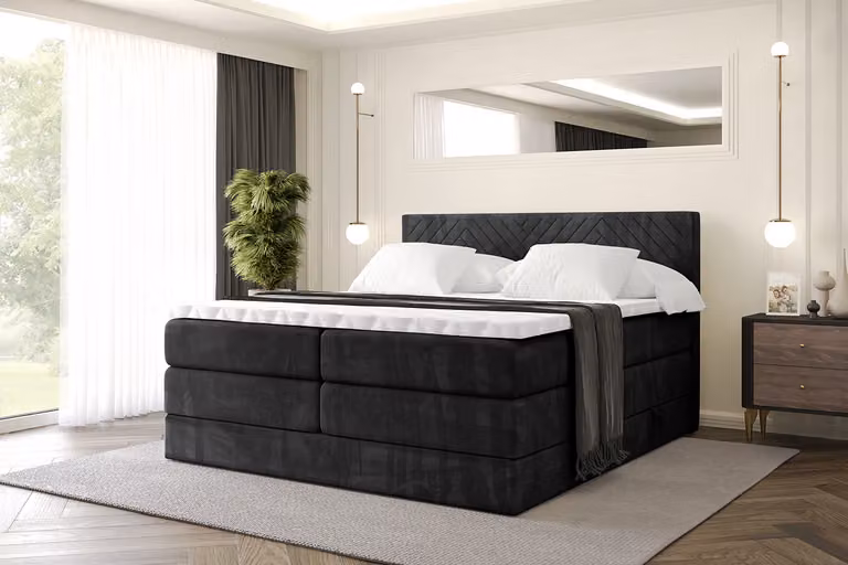 Letto boxspring ALTDECOR con materasso e rete a doghe, topper, letto imbottito con contenitore, letto con spazio contenitivo per materassi H3 e H4, letto matrimoniale, letto boxspring - VEXA KING - 160x200 - Nero Casablanca