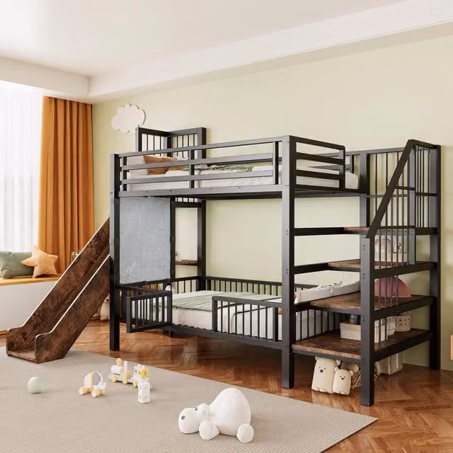 Letto a soppalco in metallo nero 90*200CM mensole scorrevoli per la conservazione; telaio sicuro Letto per bambini risparmio spazio
