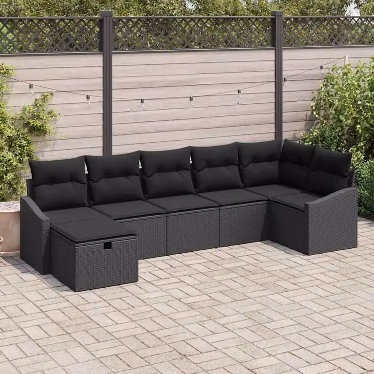 Set di divani da giardino vidaXL 7 pezzi in rattan nero con cuscini e contenitore per archiviazione