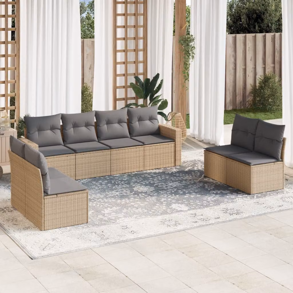 vidaXL Set Divano da Giardino 9 pz a L con Polyrattan e Cuscini Beige e Grigio