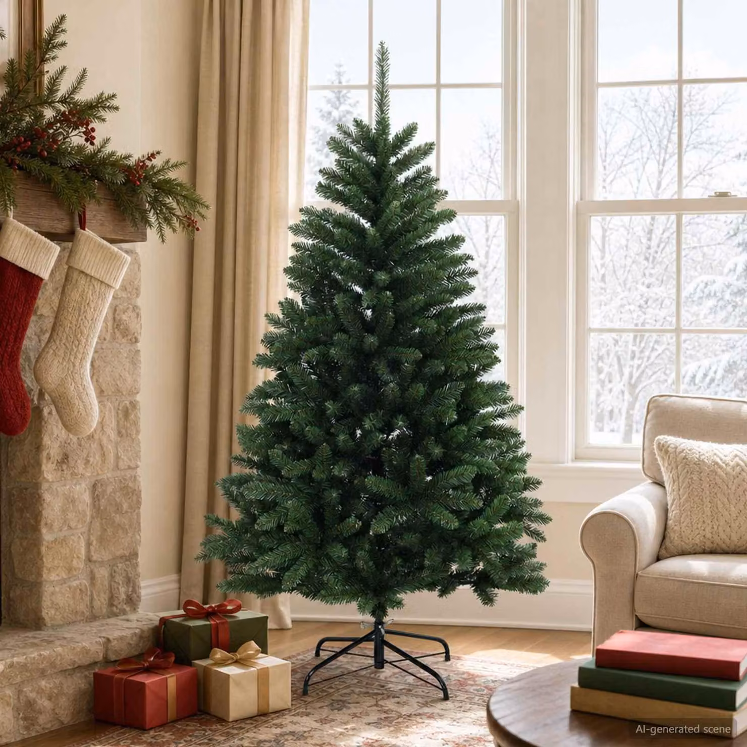 Albero di Natale artificiale pieghevole, altezza 150 cm, colore verde medio, realizzato in PVC