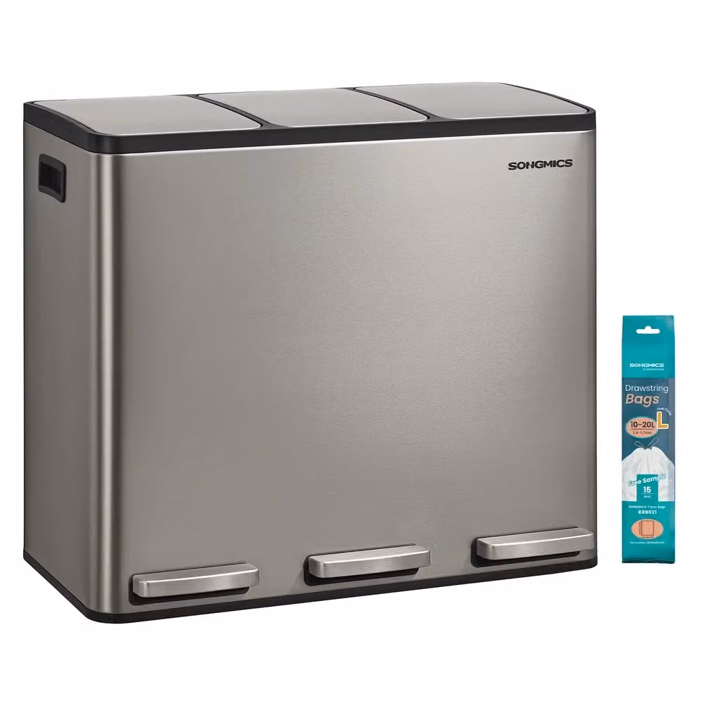 Cestino da Cucina per Raccolta Differenziata con Coperchio e Maniglie, 3 x 18 L / Argento