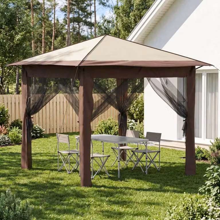 Gazebo vidaXL con 4 pareti in poliestere e acciaio, Colore: beige e marrone, L/P/H: 260 x 260 x 245 cm