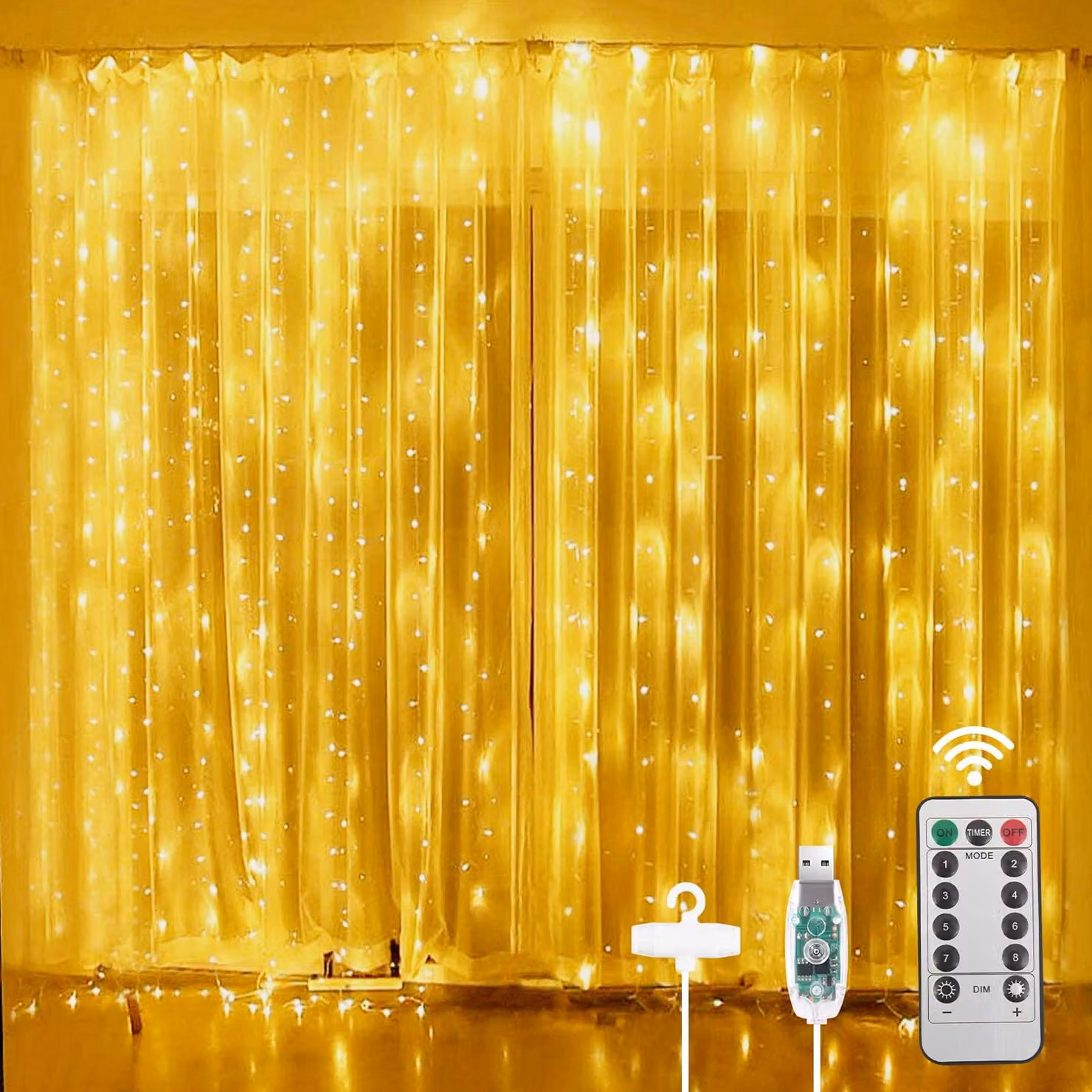 Illuminazione a LED a forma di tenda, alimentazione USB - 3 metri x 3 metri, 300 LED, luce bianca calda - Illuminazione interna con telecomando