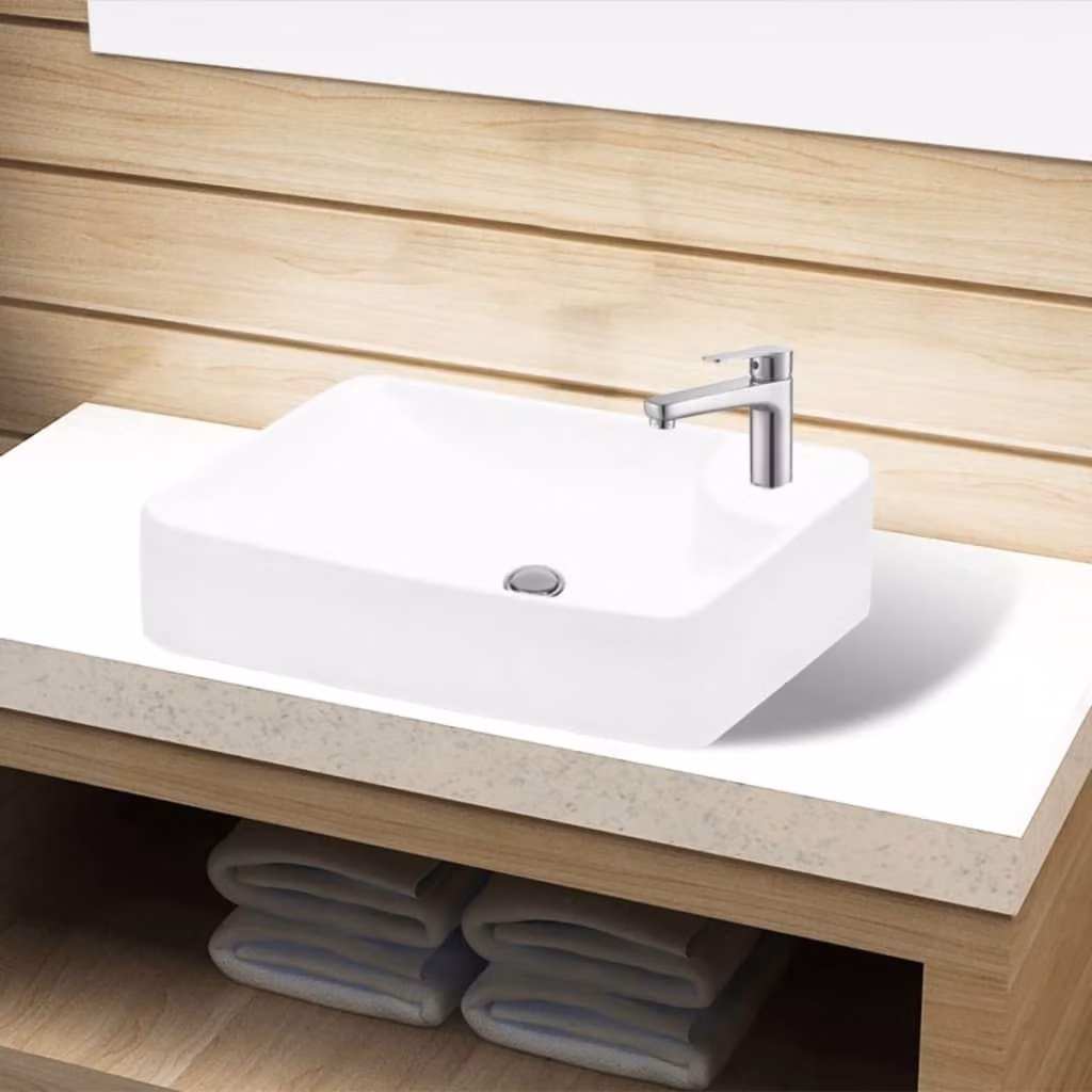 Lavabo in Vetroceramica con foro per rubinetto bianco