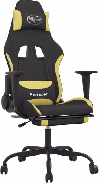 Sedia da Gaming Sportiva in Tessuto con Poggiapiedi e Poggiatesta, Nero e Verde Chiaro – 1
