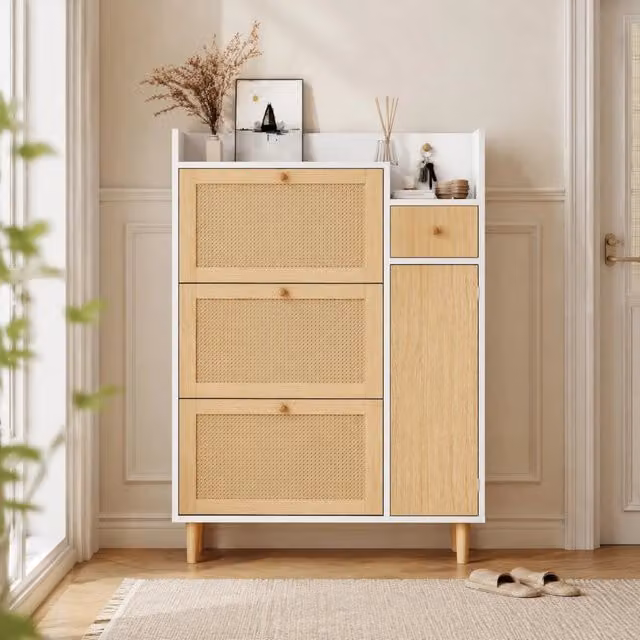 Scarpiera in stile scandinavo con ante a ribalta in MDF, colore bianco e beige, L: 125 cm, H: 90 cm, P: 17 cm