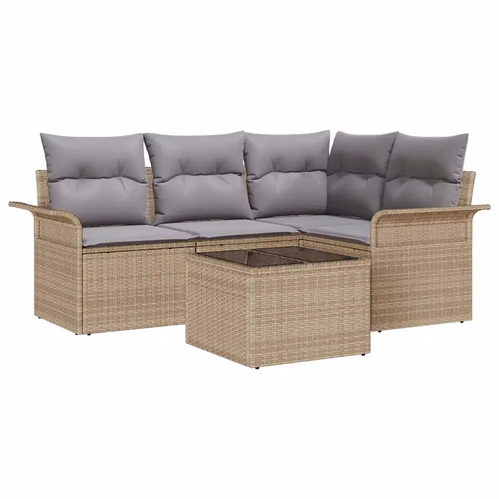 Set Divano da Giardino vidaXL 5 Pezzi Beige con Cuscini e Funzione Archiviazione in Polyrattan e Acciaio – 2