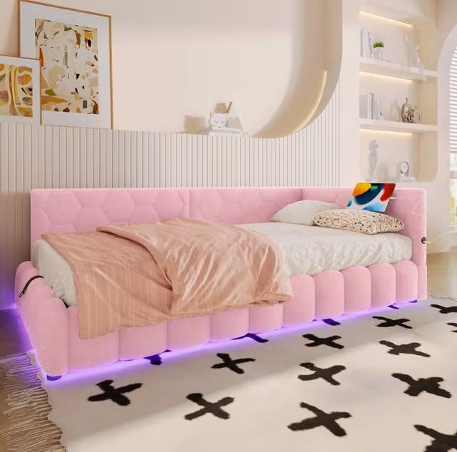 Letto 90x200 cm con contenitore; LED e USB Tipo-C rosa