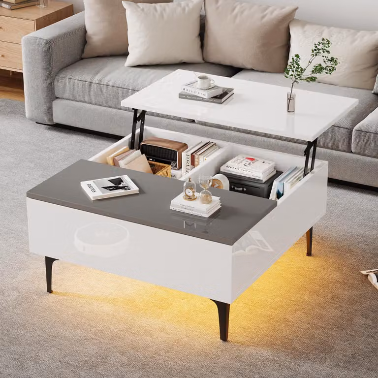 Tavolino LED Merax con funzione di sollevamento 70x70cm, tavolino regolabile in altezza con vano portaoggetti, luce RGB con controllo tramite app, bianco lucido