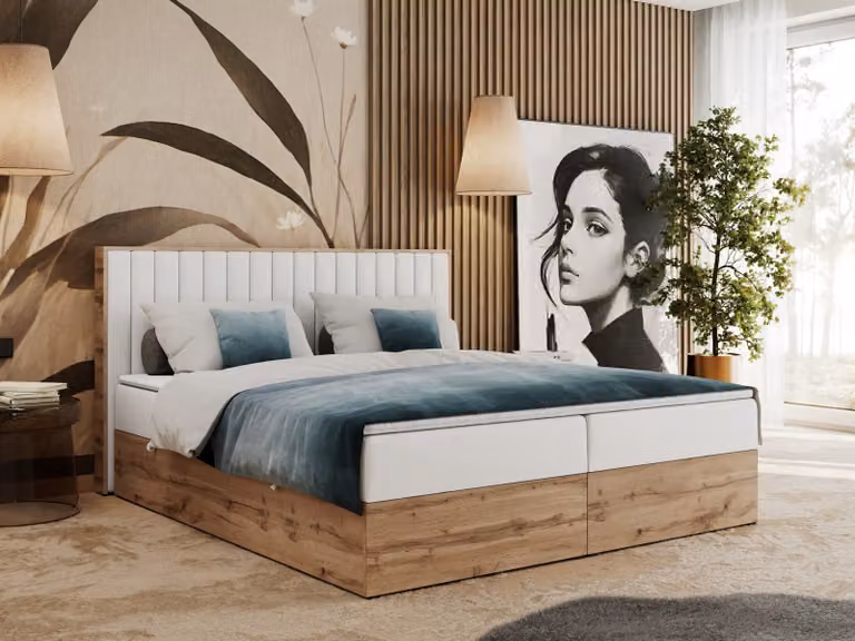 Letto boxspring, due cassetti portaoggetti, set completo con materasso e coprimaterasso - Albero-4 - 180x200 cm - Pelle finta bianca - H3
