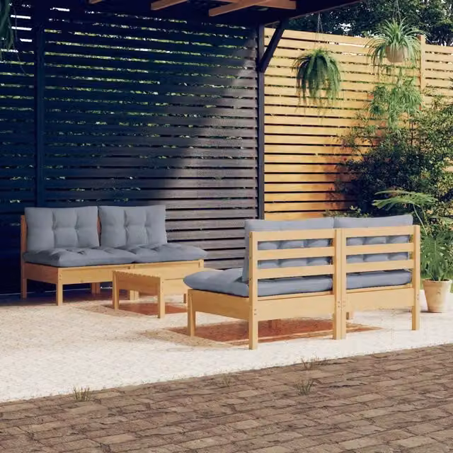 Set Divani da Giardino 5 pz con Cuscini Grigi Massello di Pino 3096003