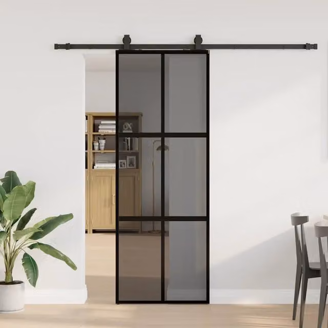 Porta Scorrevole Moderna vidaXL in Vetro Trasparente e Alluminio con Ferramenta Nera L: 76 cm, H: 205 cm