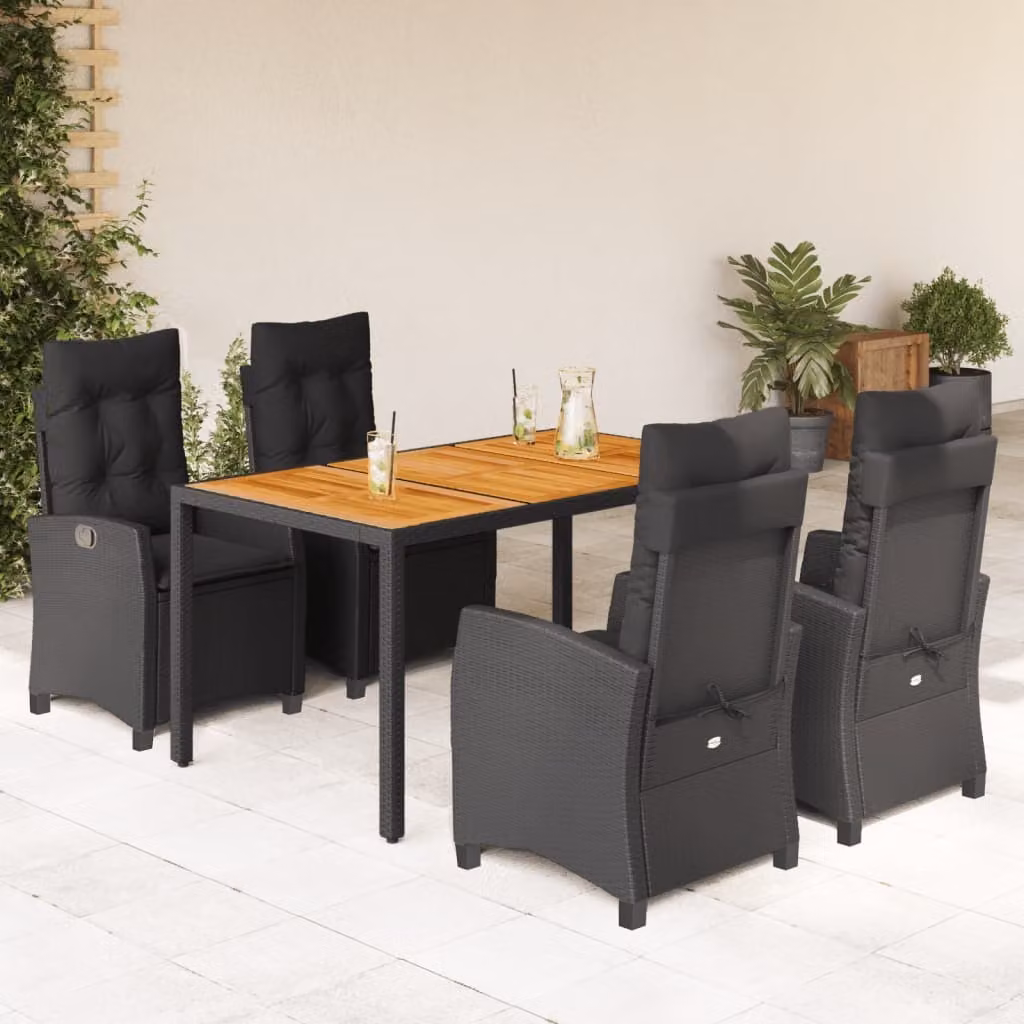The Living Store Set da pranzo da giardino 5 pezzi con cuscini in poly rattan nero