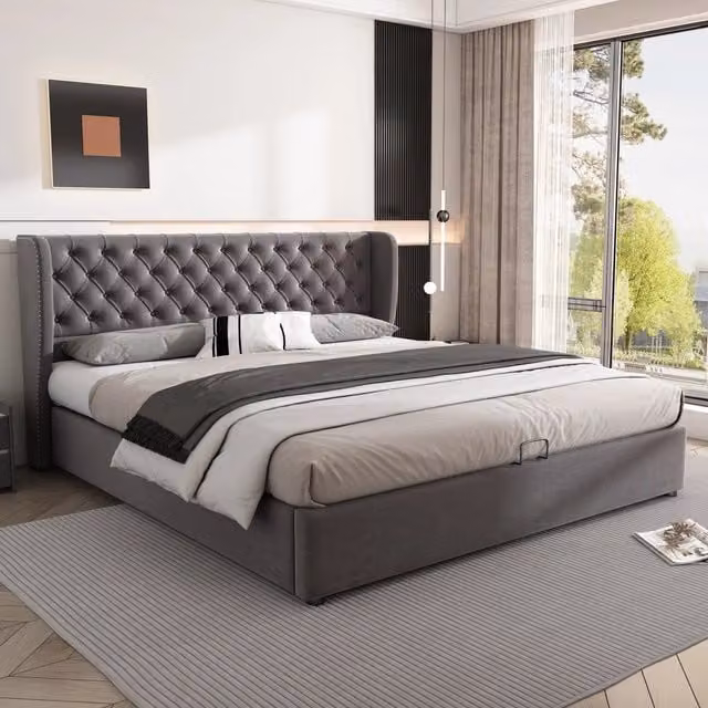 Letto contenitore matrimoniale OKWISH in velluto grigio con sollevamento idraulico, L/P: 180 x 200 cm – 1