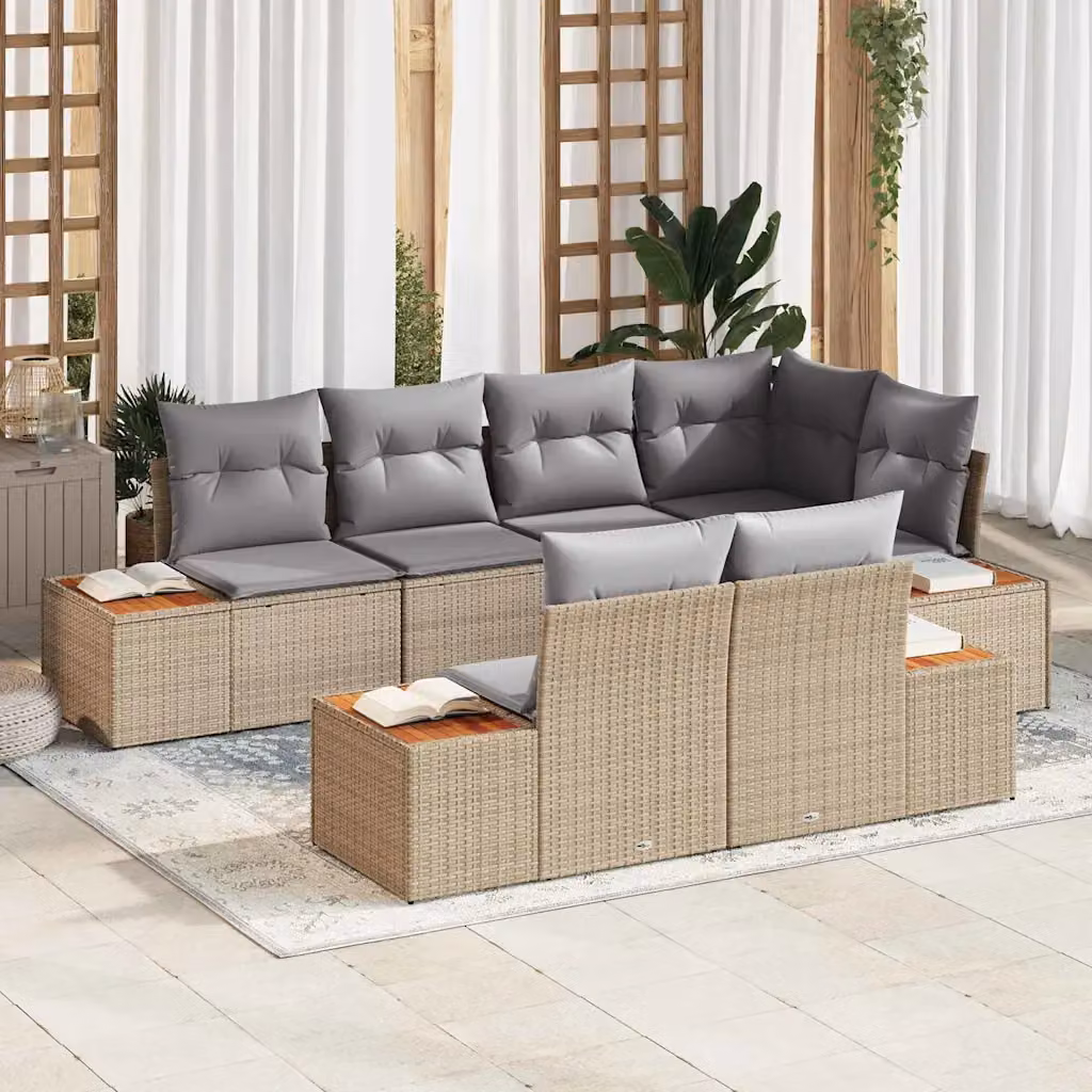Set Divano da Giardino vidaXL 7 pz a Forma a L con Cuscini Beige e Grigio in Polyrattan e Metallo