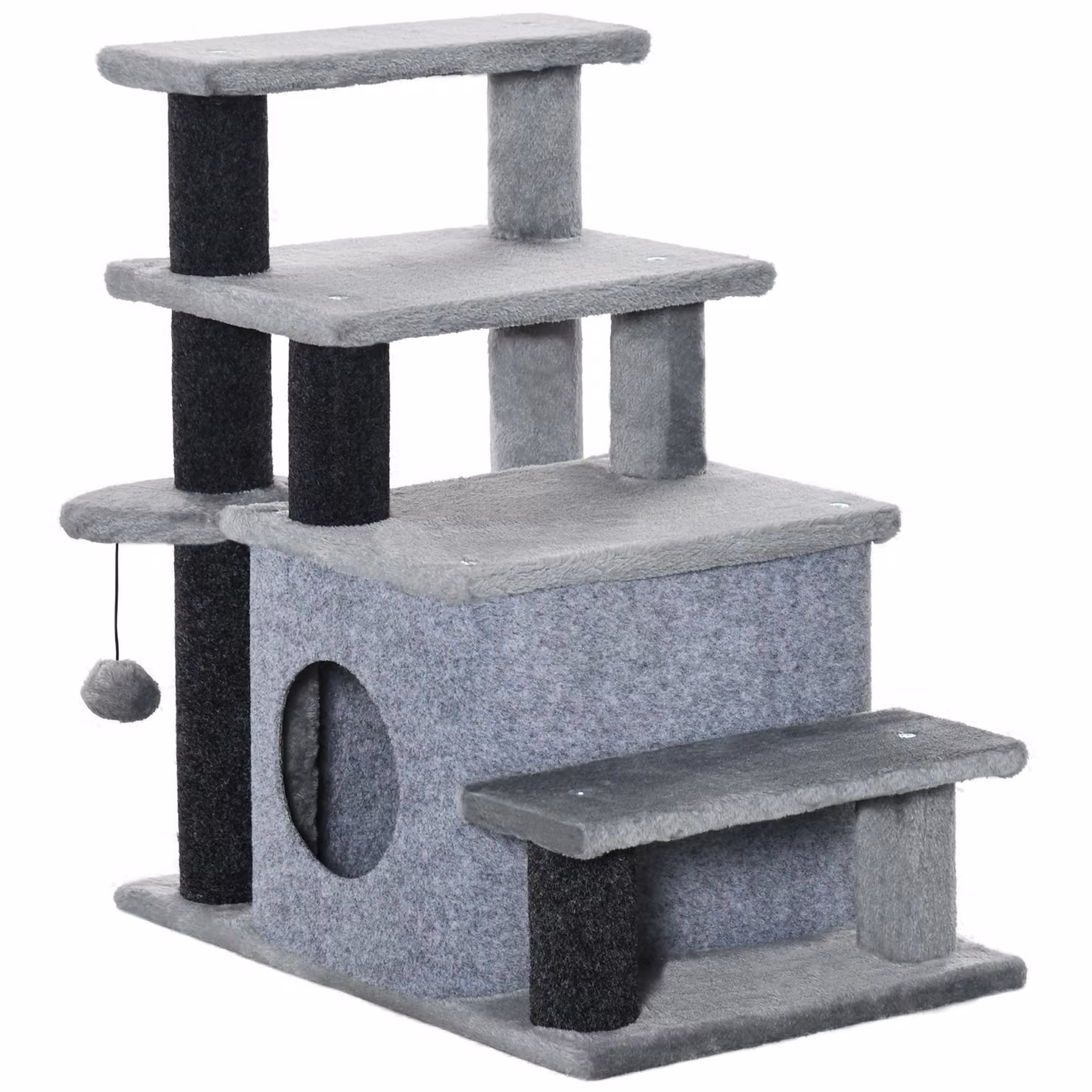 Moonbite, scala per gatti con 3 o 4 gradini, dotata di rifugio e gioco a palla, gradini in peluche, portata massima 5 kg, dimensioni 60 x 40 x 66 cm, realizzata in pannello di fibra a media densità (MDF), colore grigio