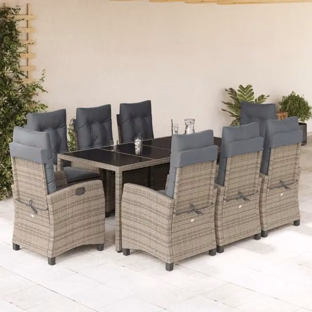 Set da Pranzo da Giardino vidaXL in Polyrattan Grigio con Tavolo in Vetro e 9 Sedute con Cuscini