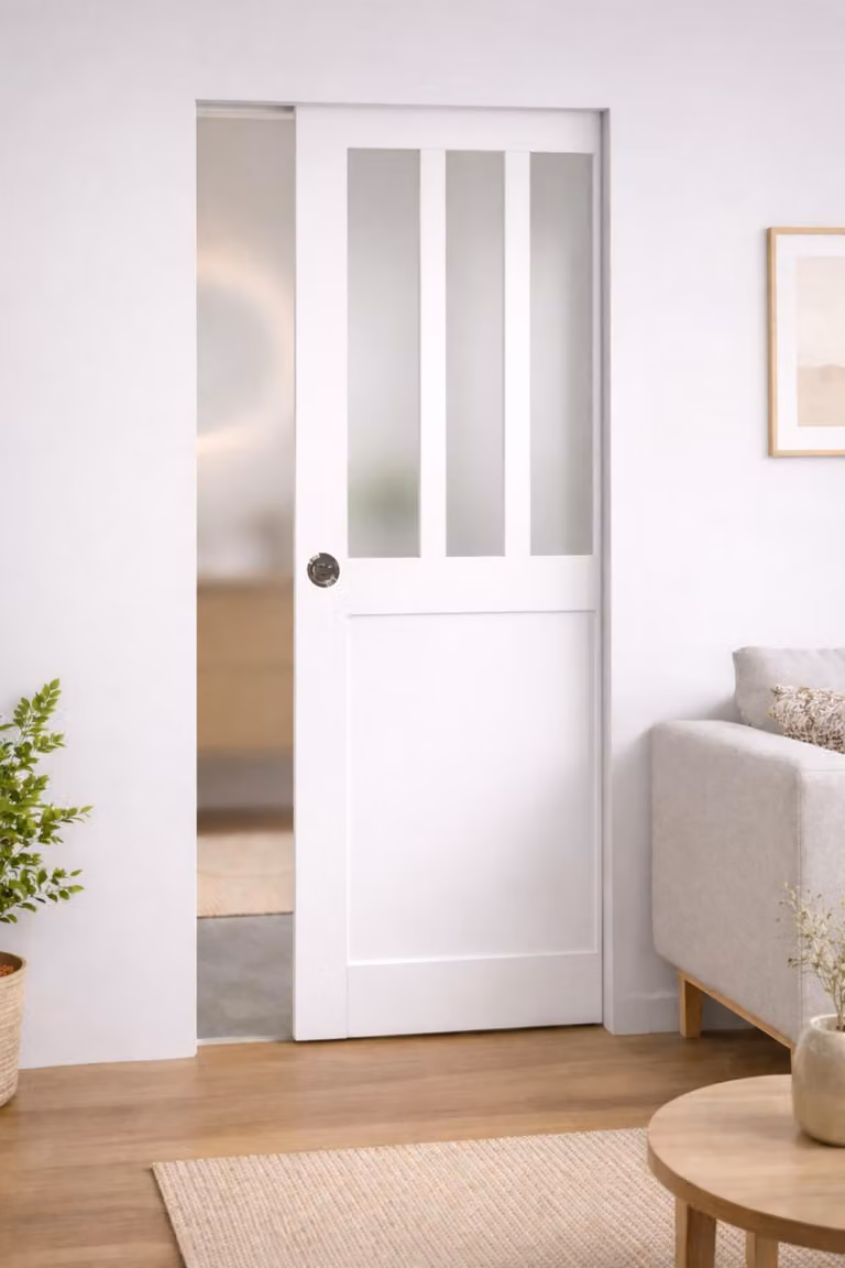 Porta scorrevole da officina bianca con vetro opacizzato H204 x L73 cm, con incasso Gd Menuserie