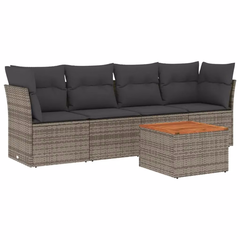 vidaXL Set Divano da Giardino 5 pz a L in Polyrattan con Cuscini e Tavolino, Grigio e Marrone – 2