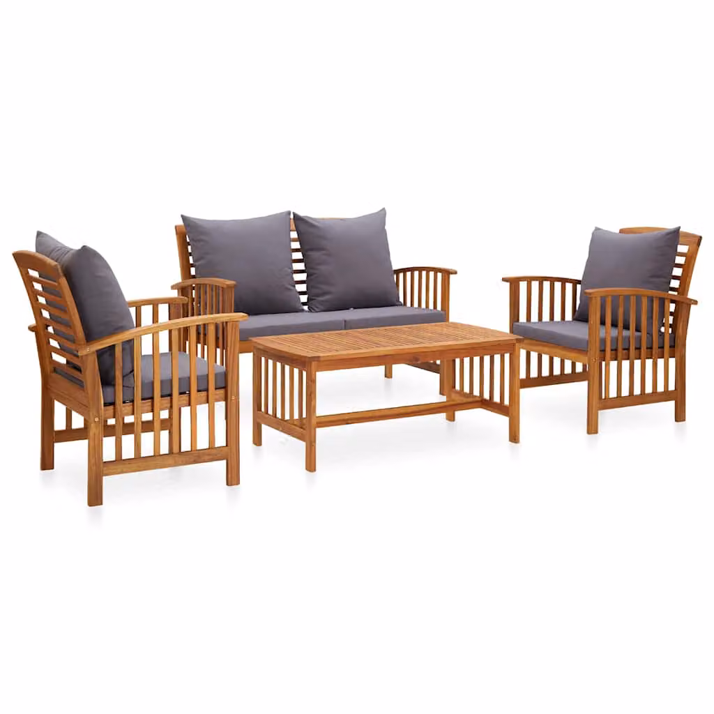 Set da giardino vidaXL 4 pezzi in legno di acacia oliato con cuscini grigi per esterno e tavolino da caffè