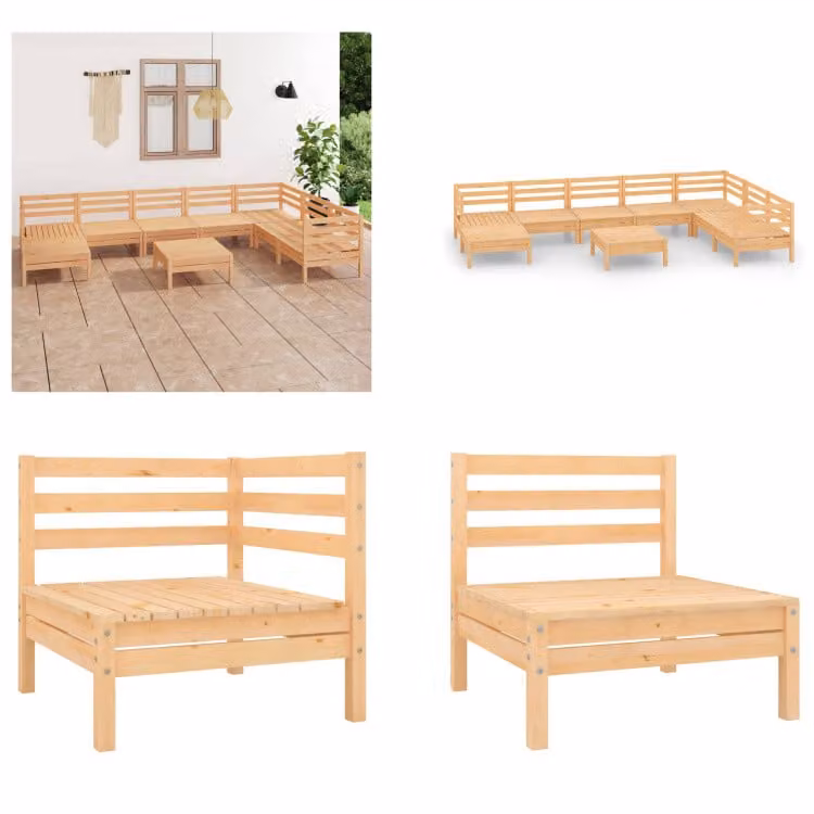 vidaXL 9 pezzi set salotto da giardino in pino massiccio - Set salotto da giardino - Set salotto da esterno - Pouf in legno - Set mobili da giardino