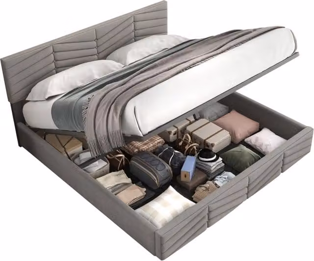 Letto Matrimoniale Contenitore con Vano Idraulico e Testiera Regolabile in Velluto Grigio L/P/H: 140 x 200 x 95 cm – 1