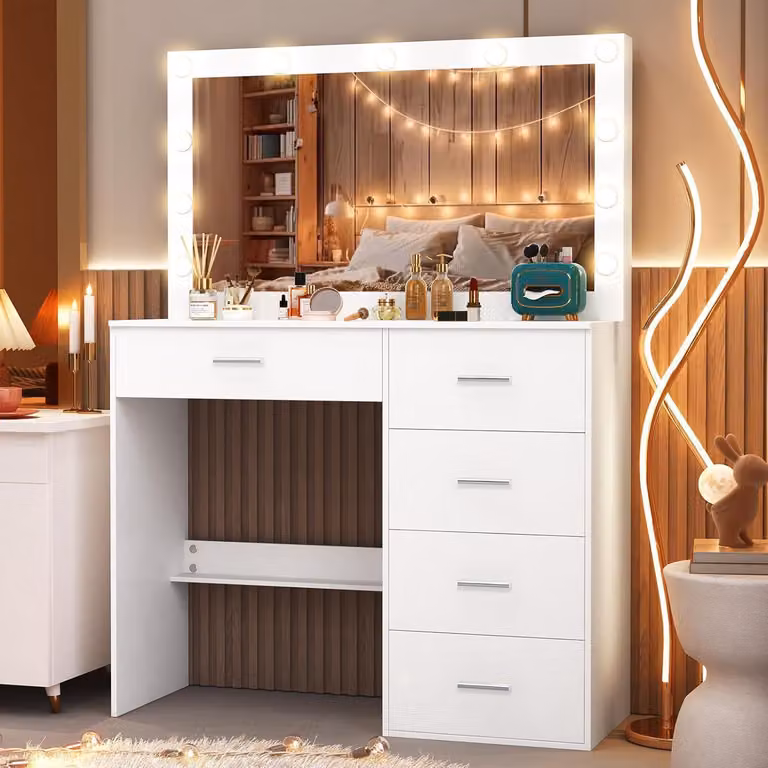 Tavolino da toilette con illuminazione a LED e specchio 5 cassetti Tavolino per cosmetici 80x36x130cm