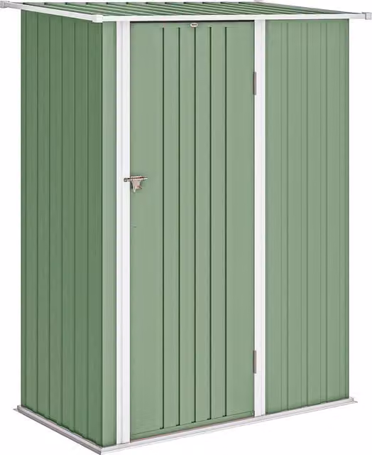 Capanno porta attrezzi in metallo Outsunny con tetto inclinato e porta bloccabile, Verde Chiaro, L: 142 cm, P: 86 cm, H: 189 cm