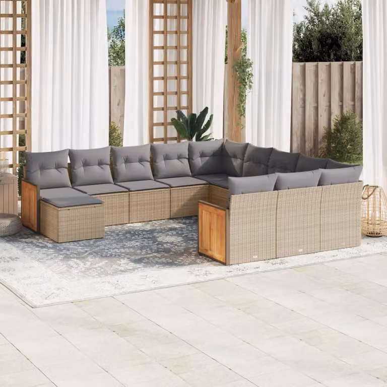 vidaXL Set Divani da Giardino a Forma di U in Polyrattan con Cuscini Beige e Struttura in Legno di Acacia