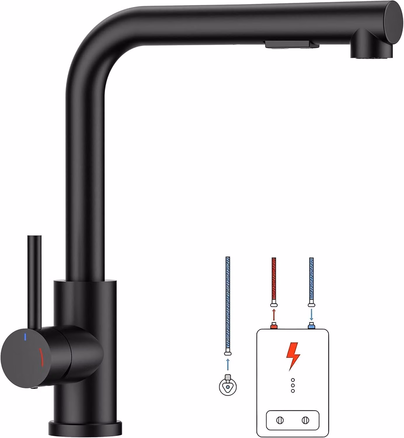 Miscelatore da cucina a bassa pressione, girevole a 360°, a forma di L, con doccetta estraibile, 2 tipi di getto, colore nero opaco, per cucina