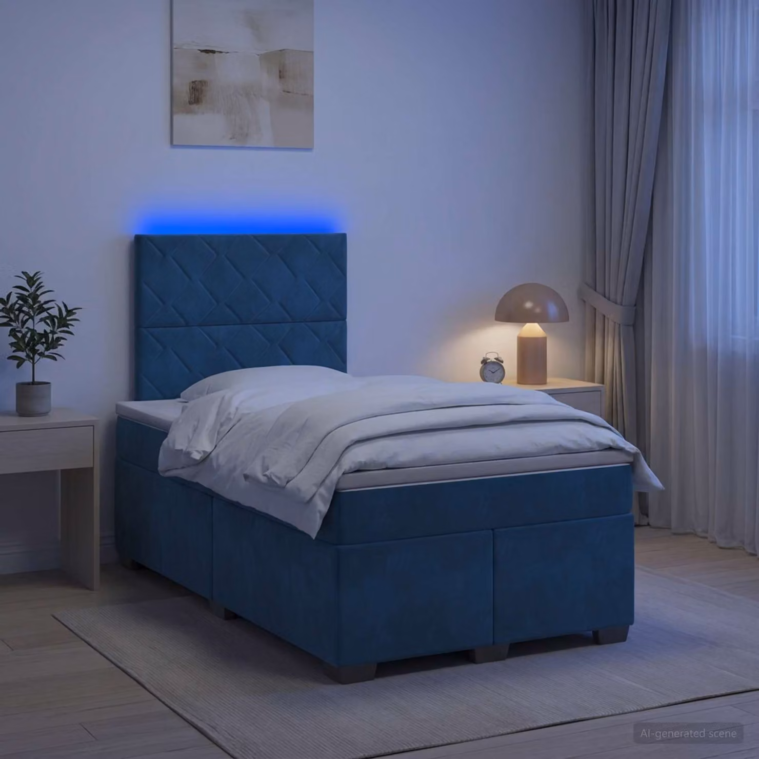 Letto box spring con materasso ibrido vidaXL in velluto blu con illuminazione sottostante e porta USB, L/P: 120 x 200 cm