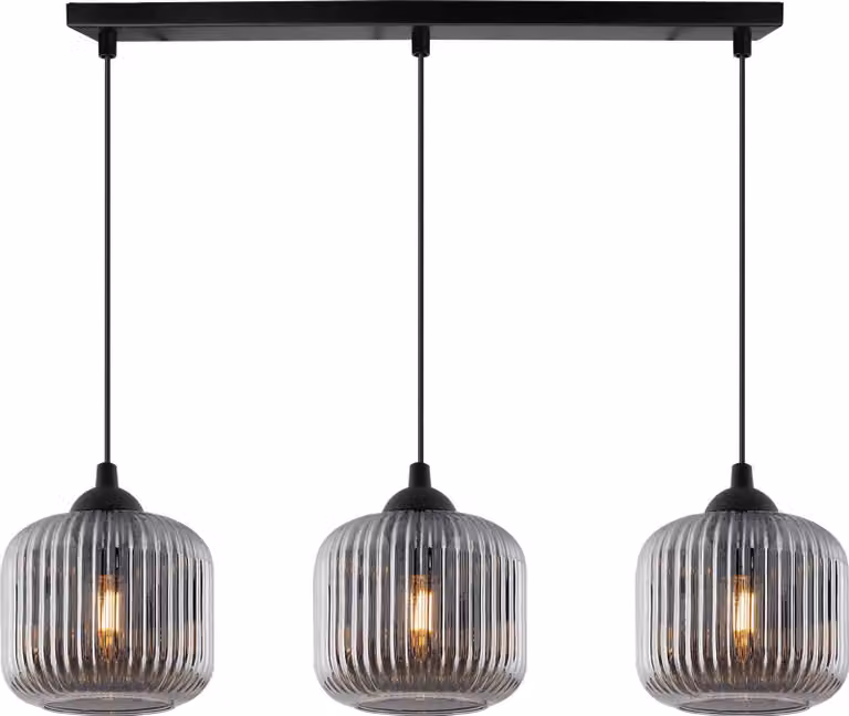 Lampada a sospensione RIFFLE nera a 3 luci, cilindro in vetro grigio E27