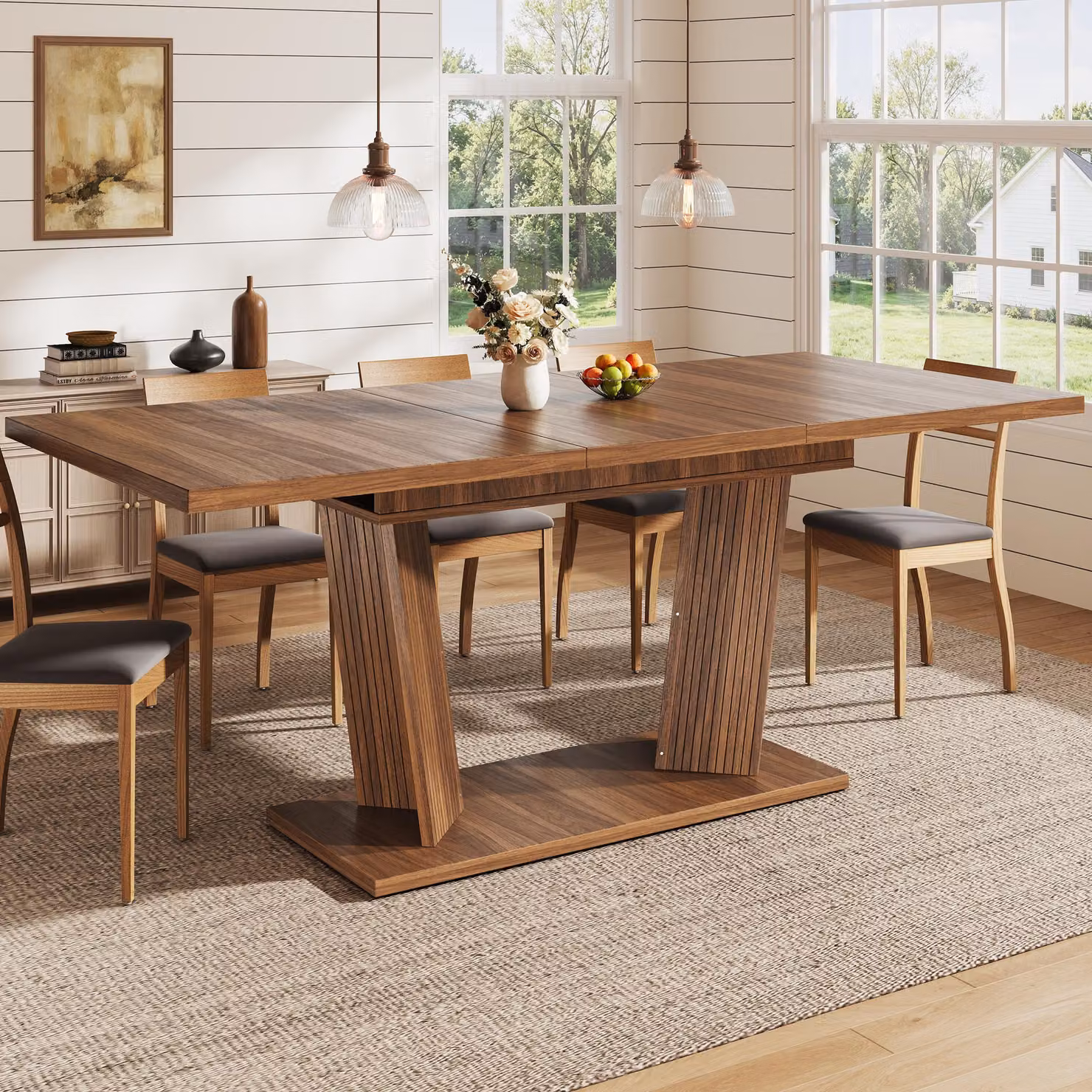 Tavolo da pranzo okwish con piano estendibile e piedini regolabili antiscivolo, tavolo da cucina dal design moderno, salvaspazio, color marrone scuro