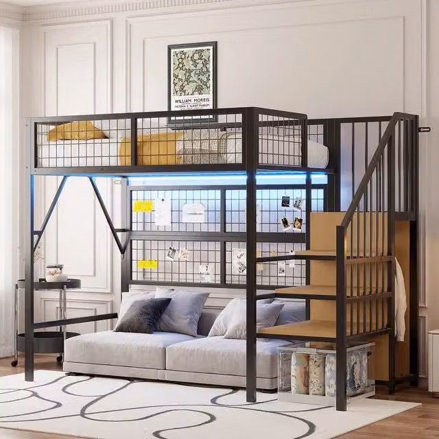 Letto a Soppalco con Scala Contenitore e LED ¨C MINIMAL ¨C Metallo Nero 90x200