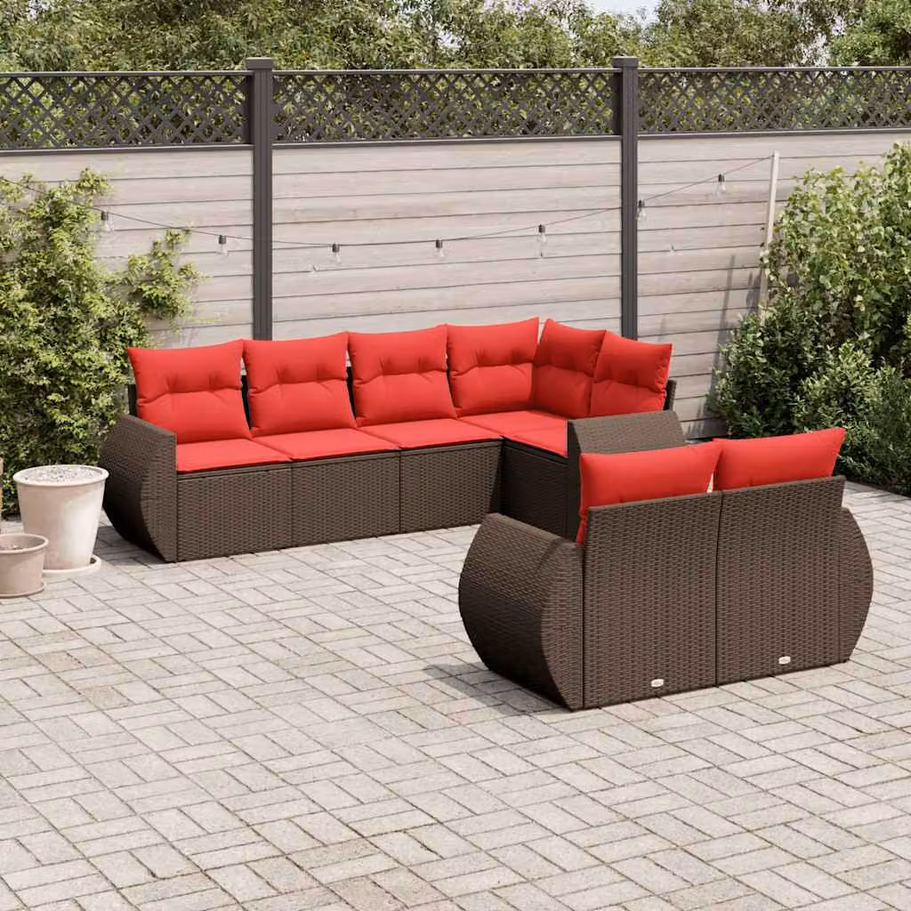 Set Divani da Giardino vidaXL 7 pz a Forma a L con Cuscini Marroni e Rossi in Polyrattan e Metallo