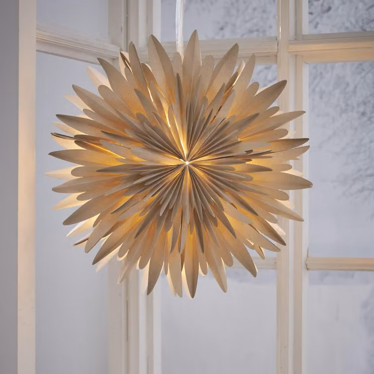 Grande stella di carta "Inverno" in beige, con puntini dorati, a 3 strati, con piega decorativa, Ø 60 cm