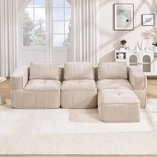 Divano angolare 3 posti con poggiapiedi ¨C Minimal ¨C Beige tessuto morbido imbottito