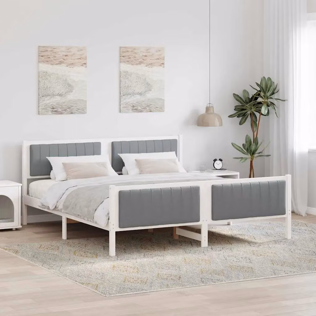 Struttura del letto moderna vidaXL in legno di pino e tessuto, Bianco e Grigio, L/P/H: 180 x 200 x 85.5 cm – 1