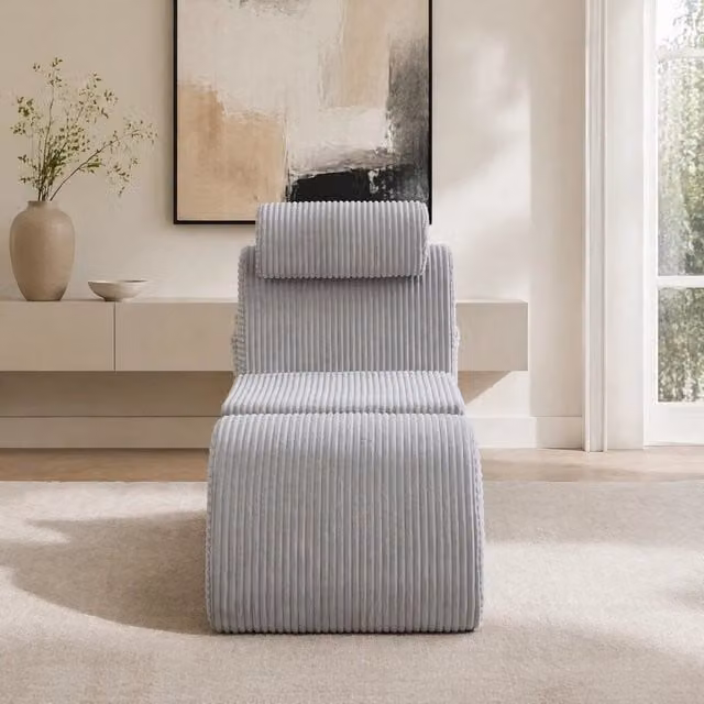 Poltrona singola ergonomica MODFU in velluto a coste grigio chiaro con braccioli, L: 160 cm, P: 66 cm, H: 90 cm