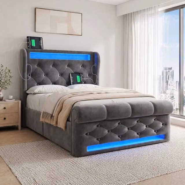 Letto 90x200 cm con contenitore idraulico, LED, USB e USB-C in velluto grigio