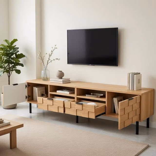 Cassettiera TV moderna KOMHTOM in MDF e truciolare, colore beige, L: 200 cm, P: 35 cm, H: 44,5 cm – 1