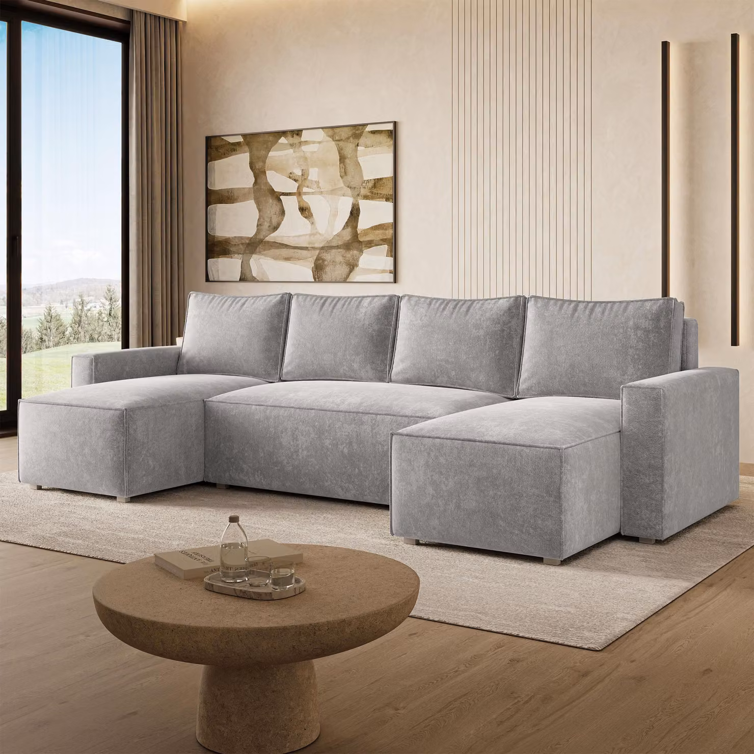 Divano ad angolo Masseno ASPRA LM con funzione letto a U, divano con contenitore, divano da salotto, divano, divano letto, set divani - Grigio, LUMO 65
